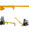 Heavy Duty Forklift Jib Boom Mobile Crane attachment showing adjustable tilt and hook for heavy loads.