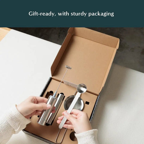 Matcha Starter Kit With Electric Whisk And Milk Frother For Home Barista Vibes, shown with spoon and sifter in gift box