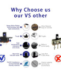 Compact 1P2T SPDT Slide Switch 5mm Panel Mount Vertical Knob, DIY Friendly For Breadboard, PCB, And Arduino Projects, SS12F15 DIP Miniature Through-Hole Toggle Switch comparison graphic with brass plated switch and RoHS icon