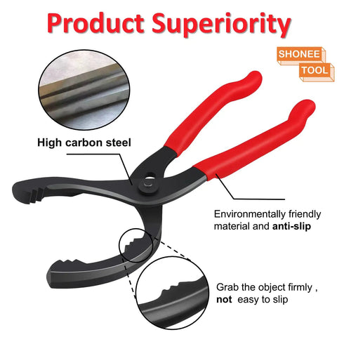 12 Inch Adjustable Oil Filter Wrench with red non-slip handles and high carbon steel jaws, ideal for tight spots and stubborn filters.