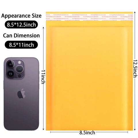 Kraft Bubble Mailers 8.5x11 Inch Self Sealing Padded Envelopes Yellow Pack Of 50 Built Tough shown with phone for size reference.