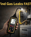 Person using Smart Gas Leak Detector with 10 inch gooseneck digital LCD display and backlight near a gas pipe in a home.