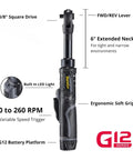 12V Li-Ion Cordless 3/8 Inch Extended Drive Ratchet Wrench Kit With Built-In LED Light 65 Ft-Lbs Torque Long Reach 6 Inch Head
