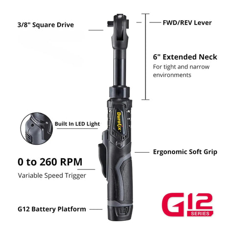 12V Li-Ion Cordless 3/8 Inch Extended Drive Ratchet Wrench Kit With Built-In LED Light 65 Ft-Lbs Torque Long Reach 6 Inch Head