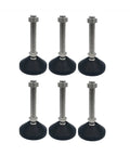 Top Notch Built Different Adjustable Furniture Leveling Feet With Bully Proof Nylon Cup Base Universal Threaded Rods for Cabinets Dryers Tables Self Leveling Mount Six Piece Set shown in a flat layout.