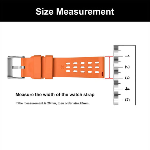 Orange watch strap beside ruler measuring width, highlighting size measurement for accurate fit.