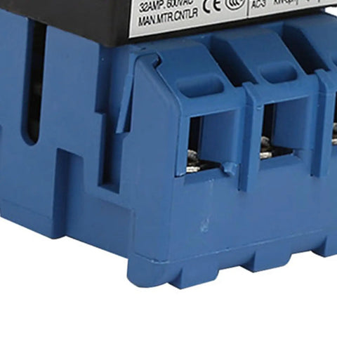 Close-up of blue panel mount housing for Up To 32A Rotary Switch With 3 Pole 2 Position Disconnect Rotary Cam Selector