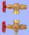 Two Pack Pro Grade Sight Glass Water Gauge Valve Set For Boilers And Steam Equipment, brass with red handles, on blue background