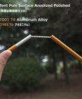 Two Pack Tent Pole Repair Kit And Replacement Poles For Camping And Hiking Aluminum Alloy 7001 T6 Adjustable Splint Support Easy Assembly With Elastic Cord Gold Finish 333 cm Total Length, showing elastic cord on anodized poles outdoors.