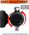 Pro Grade Digital Air Pressure Regulator With One Quarter Inch NPT Diaphragm Airflow Valve showing side and top adjustments