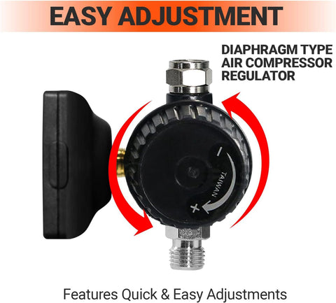 Pro Grade Digital Air Pressure Regulator With One Quarter Inch NPT Diaphragm Airflow Valve showing side and top adjustments