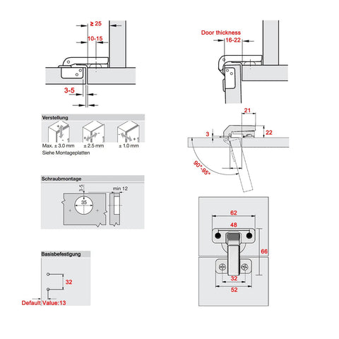 Technical drawing of Solid Short Arm Inset Blind Corner Cabinet Hinges With Dead Silent Hydraulic Soft Close specifications.