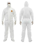 Heavy Duty White Disposable Coveralls For Industrial Work Delivers Tough As Nails Antistatic Defense With Tear Puncture Resistant Fabric Real Deal Full Body Chemical Safety Jumpsuit Ideal For Shop Cleanup Large Three Pack shown from front and back views.