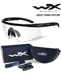 Kickass Safety Glasses With Swappable Polycarbonate Lenses And Wraparound Shield in matte black, includes case and accessories.