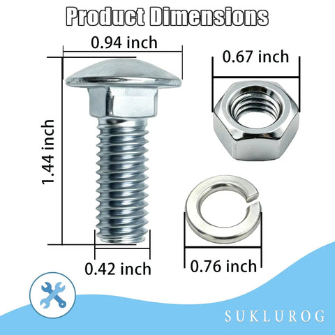 7/16 Carriage Bolts Kit Set Of 4 Capped Round Head Bumper Bolts with dimensions for Ford Cars and Trucks