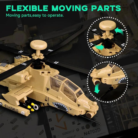 One Thirty Scale AH 64 Apache Helicopter Model Kit showing flexible moving parts with realistic cockpit and landing gear