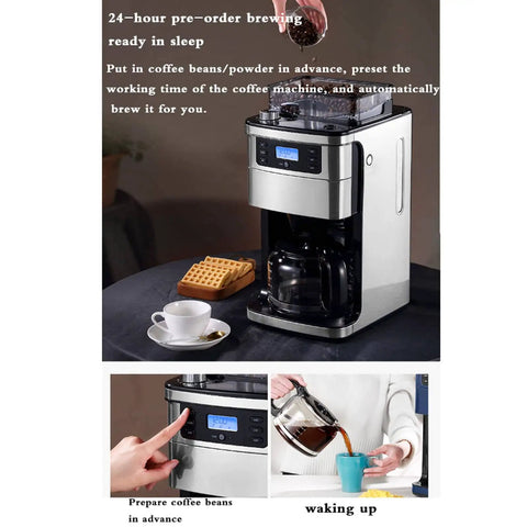 Fully Automatic Espresso Machine With Built In Grinder And Bean Powder Option with 1500Ml capacity on a kitchen counter