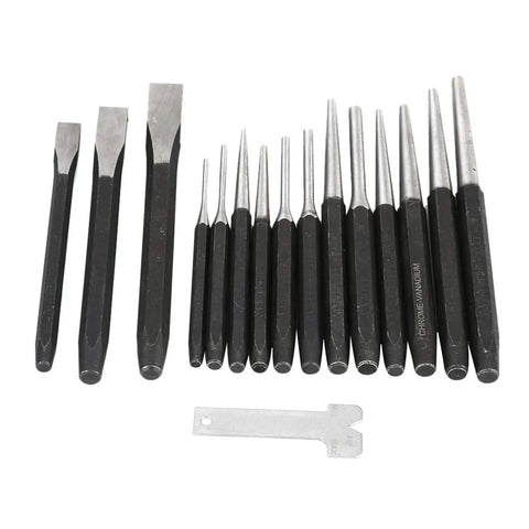 Sixteen Piece Mechanic Punches And Chisel Set Built To Last Heavy Duty Anti Rust Steel Pro Grade Tool Kit For Pros And DIYers, Heat Treated Chisels And Punches With Center Pin Taper For Demanding Jobs, displayed on a white background.