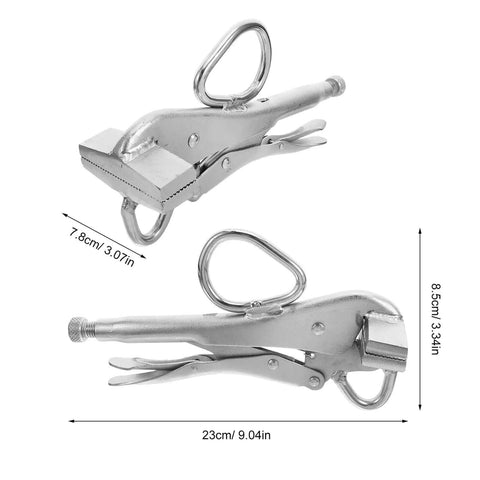 Adjustable Auto Body Frame Pulling Clamp With Extra Wide Duckbill Jaw showing dimensions and locking mechanism