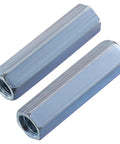 Extended Hexagon Quarter Inch 20 Coupling Nuts Zinc Plated Steel Threaded Rod Connectors Built Tough Quick Snap No Sweat Setup Solid As A Rock Heavy Duty Hardware Kit 20 Piece Set close-up of two zinc-plated connectors