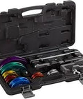 Open case displaying Pro Grade Ratcheting Tube Bender With Reverse Bend BTB300 Seven Size Mandrels Color Coded Quick Change Set.