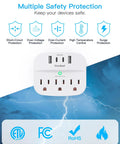 Compact Wall Outlet Extender With 3 AC Outlets And 4 USB Ports Featuring Built In Surge Protector with safety features displayed.