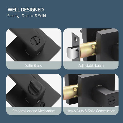 Close-up of 6 Pack Heavy Duty Privacy Door Lever Lock Sets Matte Black with adjustable latch and smooth locking mechanism.