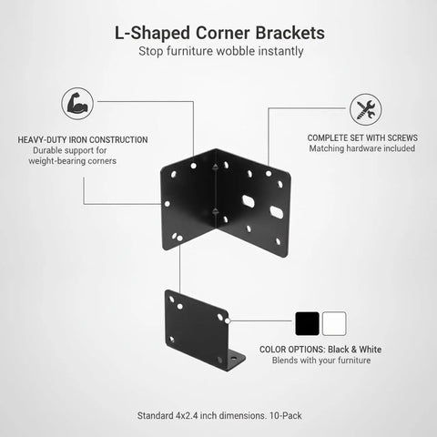 Sturdy L Shaped Corner Brackets With Screws For Furniture Repair And Shelf Reinforcement 10 Pack image with black iron construction