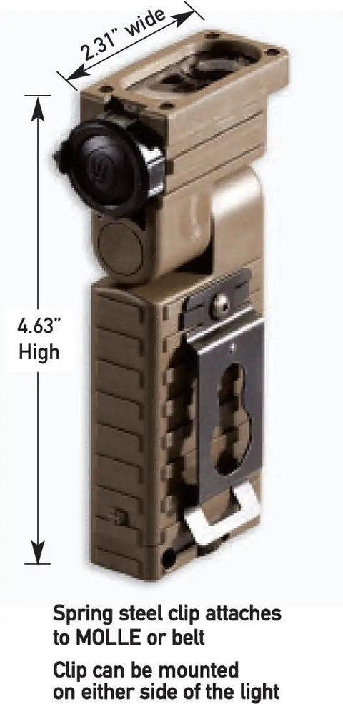 Sidewinder 55-Lumen LED Aviation Waterproof Flashlight with MOLLE mount, side view showing spring steel clip and dimensions