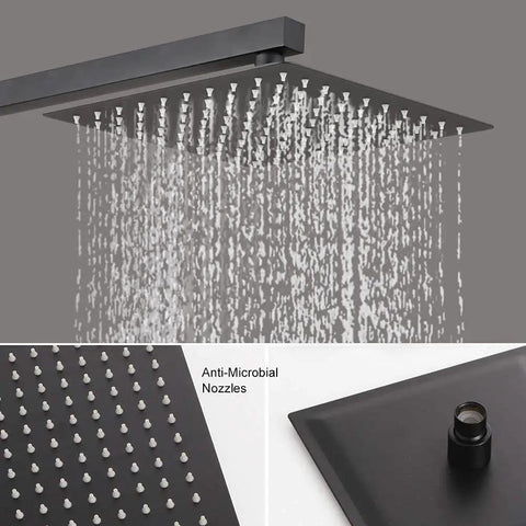 Matte Black Shower Faucet Set With 10 Inch Rain Shower Head showing water flow, anti-microbial nozzles, and rear view.