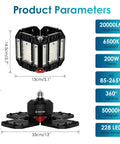 Dimensions and features of Ridiculously Bright 200W LED Garage Lights 2 Pack With 20000LM 6500K Daylight, Deformable 12 Panel Light