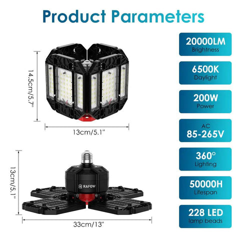 Dimensions and features of Ridiculously Bright 200W LED Garage Lights 2 Pack With 20000LM 6500K Daylight, Deformable 12 Panel Light