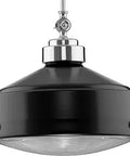 One Light Clear Patterned Glass Farmhouse Pendant Light In Matte Black With Polished Chrome Accents, radial glass shade visible