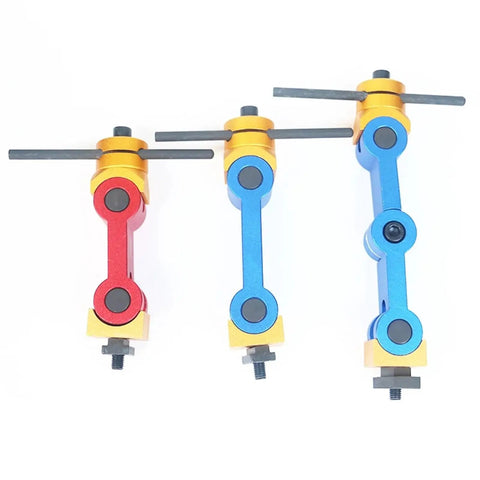 Universal Adjustable Work Piece Stop With M16 Thread For CNC Lathe And Milling Machine Positioner Locator Tool in red, blue, and gold.