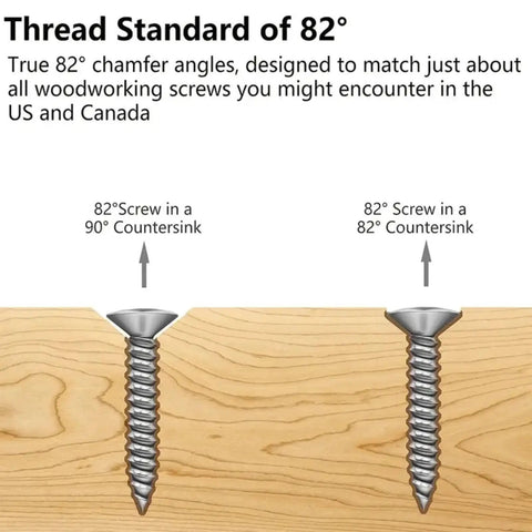 Comparison of screws in 90° and 82° countersinks on wood, showing the effect of chamfer angle for compatibility with woodworking.