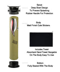 Top Shelf Espresso Knock Box Built Different For Quick Grounds Ejection Splash Proof Tilt Design Heavy Duty Stainless Steel Build Removable Base And Barista Towel Keeps Your Station Clean All Day Long image showing spout, body with stickers, absorbent towel.