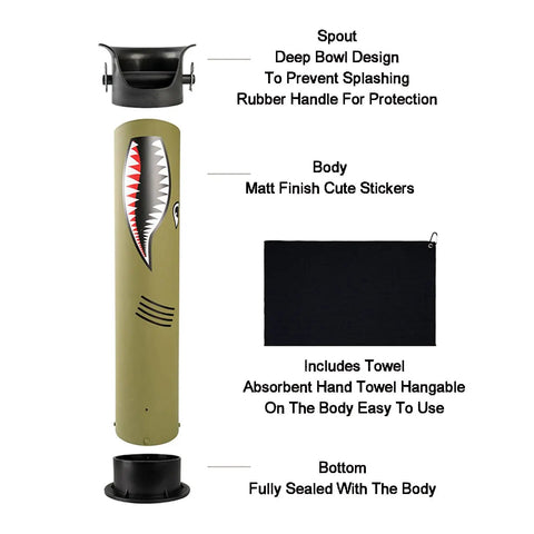 Top Shelf Espresso Knock Box Built Different For Quick Grounds Ejection Splash Proof Tilt Design Heavy Duty Stainless Steel Build Removable Base And Barista Towel Keeps Your Station Clean All Day Long image showing spout, body with stickers, absorbent towel.
