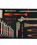 Non Sparking 20 Piece Tool Set With Pipe Wrench Pliers Screwdrivers Adjustable Wrench Chisel And Sledge Hammer laid out on foam mat