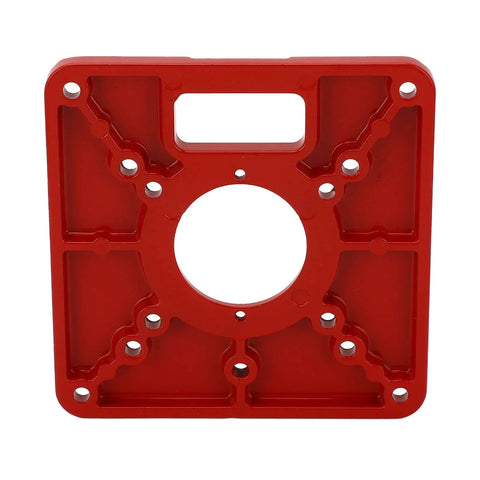 Red Heavy Duty Aluminum Router Table Insert Plate For Woodworking, Built Tough Universal Design, showing central hole and slots.
