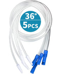 Urinary drainage bag extension tubing, 36-inch, 5-pack, front view, clear flexible tubes with blue connectors