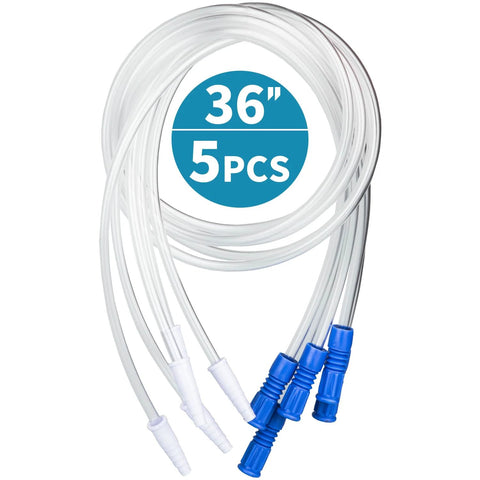 Urinary drainage bag extension tubing, 36-inch, 5-pack, front view, clear flexible tubes with blue connectors