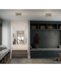 Two Light Barlowe Collection Stainless Steel Outdoor Flush Mount Ceiling Light With Clear Seeded Glass in modern hallway