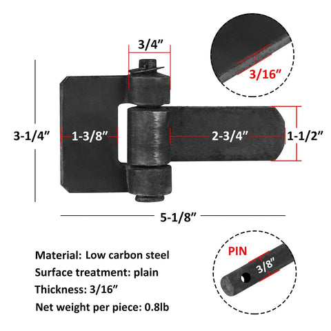 Badass Weld-On Trailer Hinges Beefy Strap Style Long Leaf Door Hinge Carbon Steel 5-1/8 by 3-1/4 Inch for Toughest Jobs Rock Solid Construction Pack of Two detailed dimensions and material information.