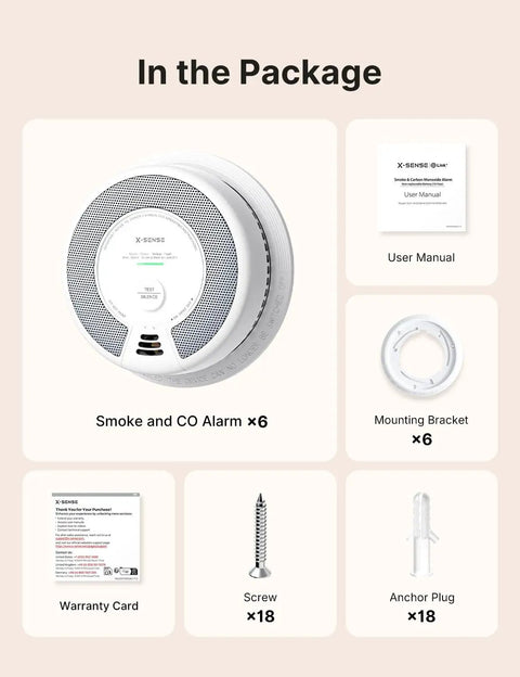 Six Pack Wireless Interconnected Smoke And Carbon Monoxide Detectors Featuring Ten Year Sealed Battery For Battle Ready Home Security And Straight Up Worry Free Peace Of Mind components including alarms, manual, brackets, screws, and plugs.