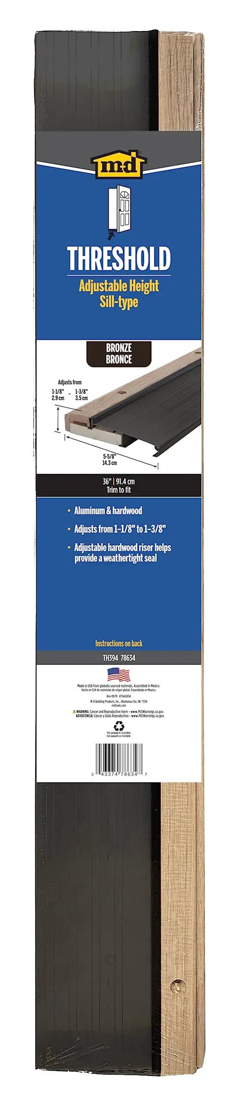 Adjustable Aluminum And Hardwood Threshold Kit With Bronze Finish For 36 Inch Doors, Seals Drafts And Gaps, packaging view
