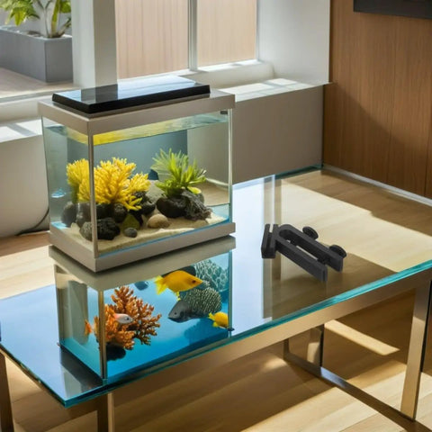 Fish Tank Water Hose Clip Holder For Aquarium Hose Clamp Made Of ABS Plastic on glass table beside aquarium