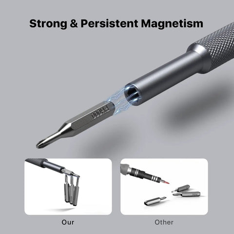Top Shelf Precision Screwdriver Set, Mini 37 Piece Electronics Repair Kit showing a magnetized screwdriver bit with lightning effect.