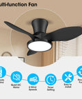 Quiet 32 Inch Ceiling Fan With LED Light And DC Motor, Remote Control, Large Air Volume, black blades, indoor use