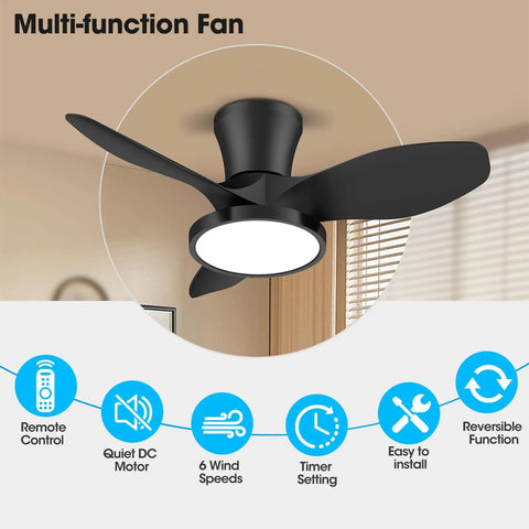 Quiet 32 Inch Ceiling Fan With LED Light And DC Motor, Remote Control, Large Air Volume, black blades, indoor use