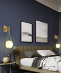 Plug In Wall Sconces Set Of 2 Modern Mid Century Gold Brushed Brass Glass Globe Wall Lamps in bedroom setup